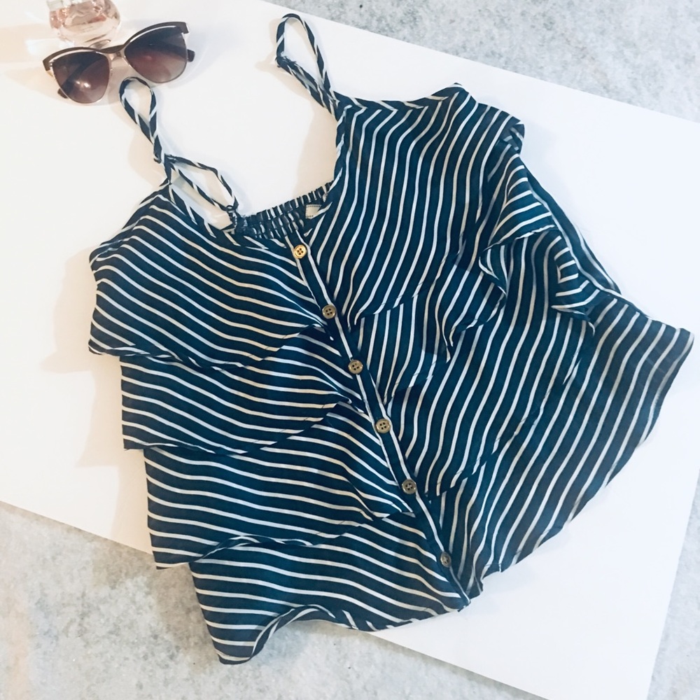 Poetry- Navy & White Ruffle Blouse- Medium